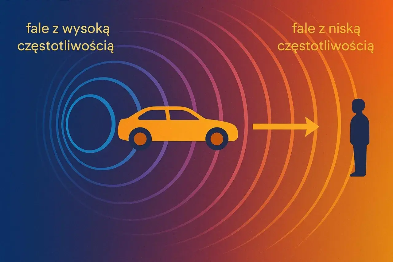 Samochód emituje fale o wysokiej częstotliwości z przodu i niskiej z tyłu, ilustrując efekt Dopplera.