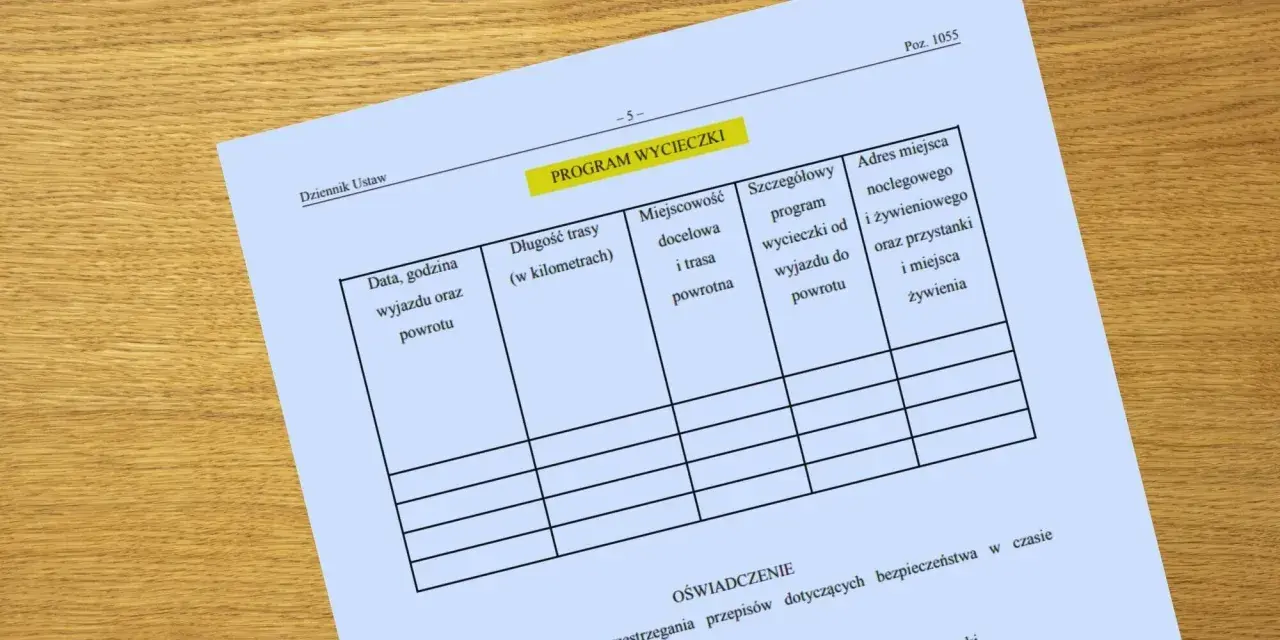 Formularz "Program wycieczki" z polami do wypełnienia: data, trasa, cel, nocleg i wyżywienie. Idealny do planowania szkolnej wycieczki.
