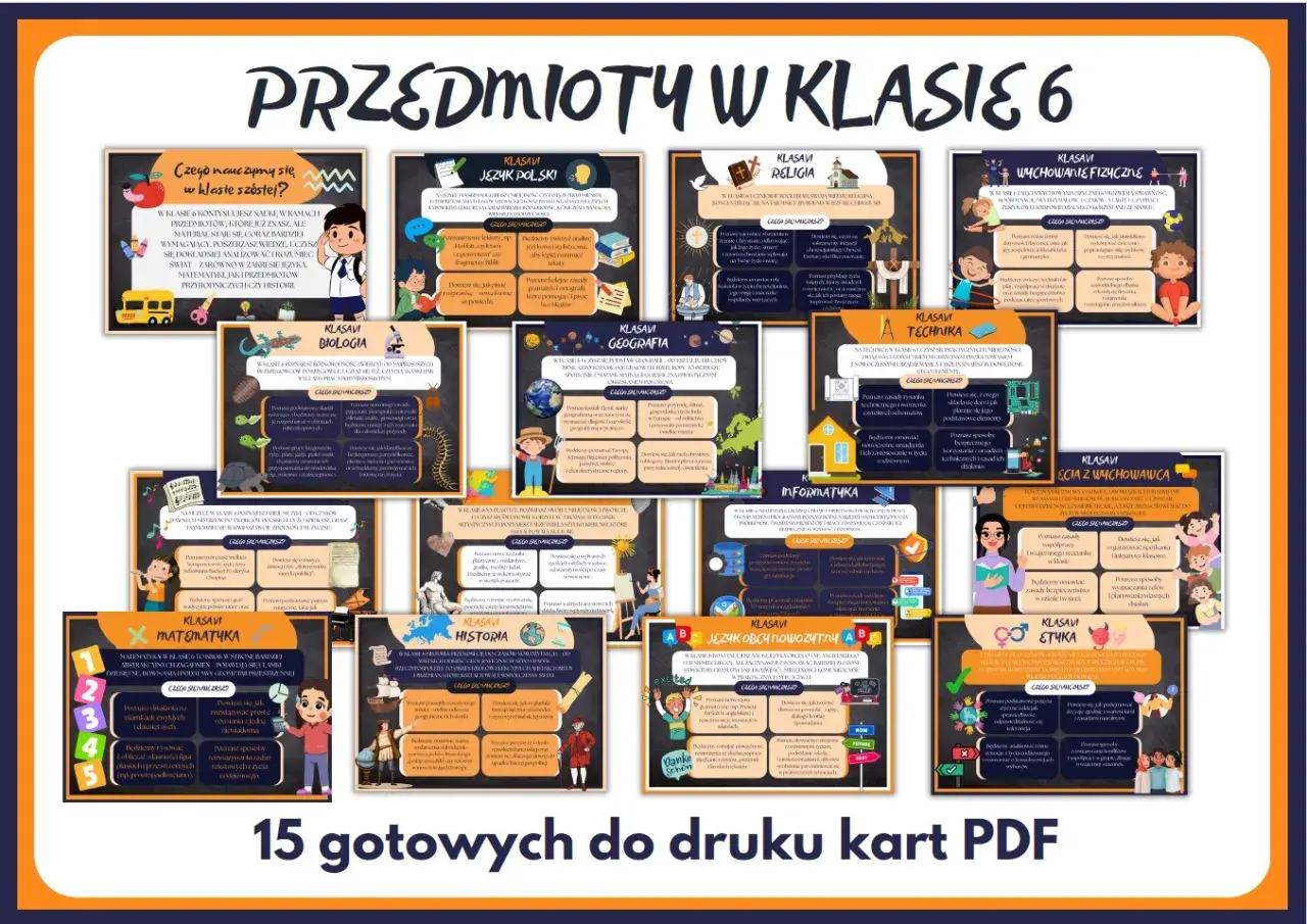 Przedmioty w klasie 6: język polski, matematyka, historia, geografia, biologia, technika, informatyka, wychowanie fizyczne, etyka, religia, języki obce.