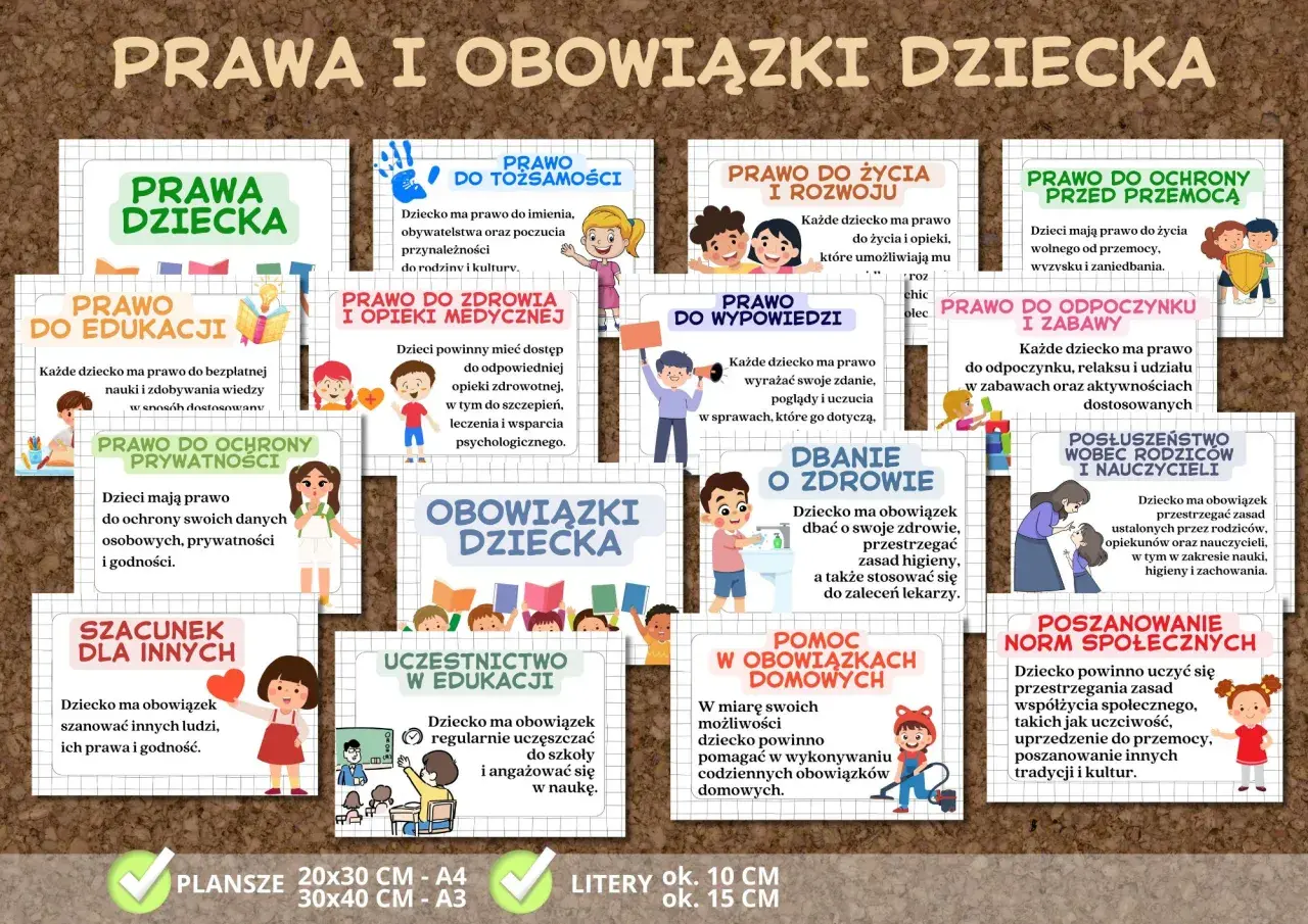 Prawa i obowiązki dziecka: prawo do edukacji, zdrowia, wypowiedzi, ochrony przed przemocą, szacunek dla innych, poszanowanie norm społecznych.