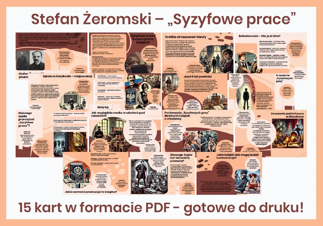 Stefan Żeromski – „Syzyfowe prace" – streszczenie. Grafika przedstawia kluczowe elementy powieści, od postaci po motywy i przesłanie.