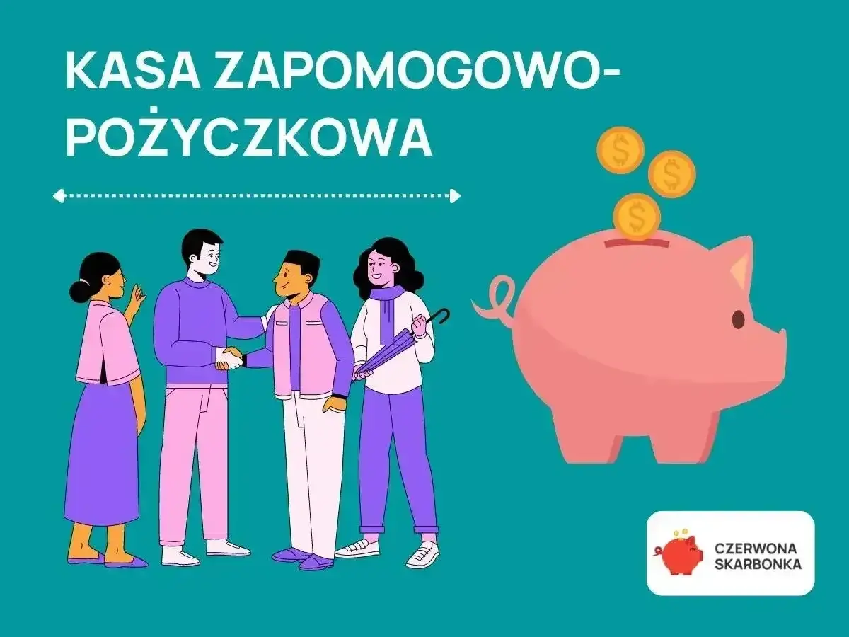 Kasa zapomogowo pożyczkowa: ludzie zawierają umowę, a obok różowa świnka-skarbonka przyjmuje monety.