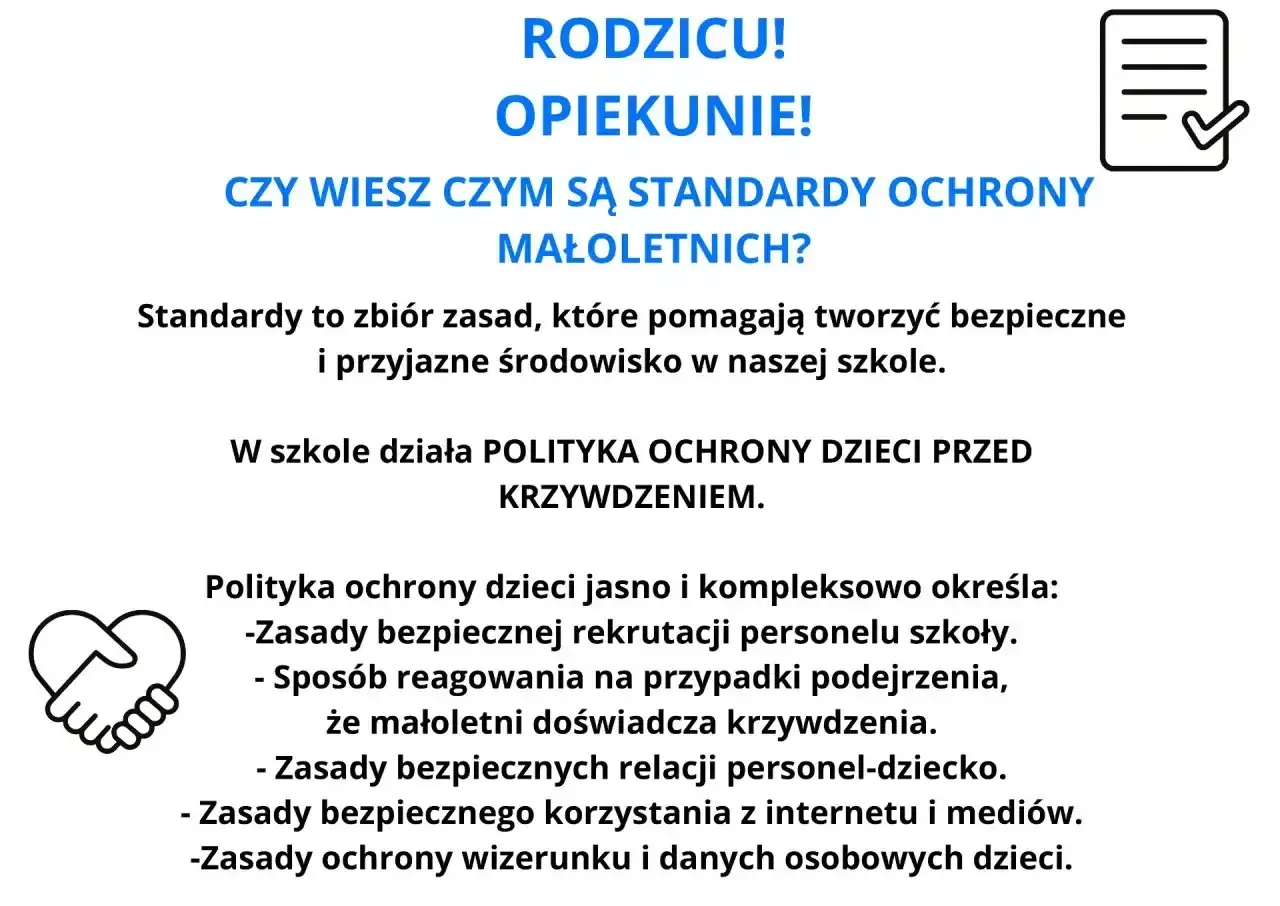 Rodzicu, opiekunie! Czy wiesz, czym są **standardy ochrony małoletnich**? To zasady tworzące bezpieczne środowisko w szkole, chroniące dzieci przed krzywdzeniem.