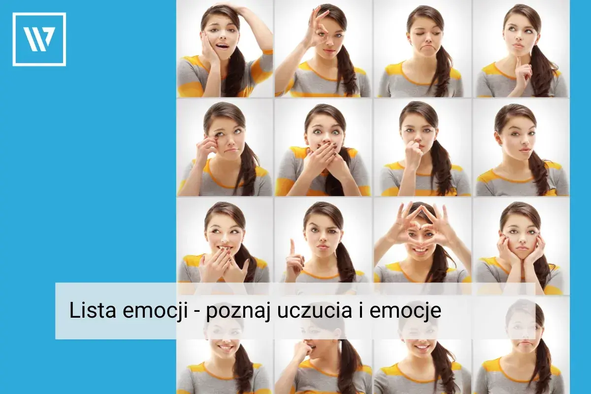 Siatka zdjęć młodej kobiety wyrażającej różne uczucia i emocje: radość, smutek, zaskoczenie, złość.