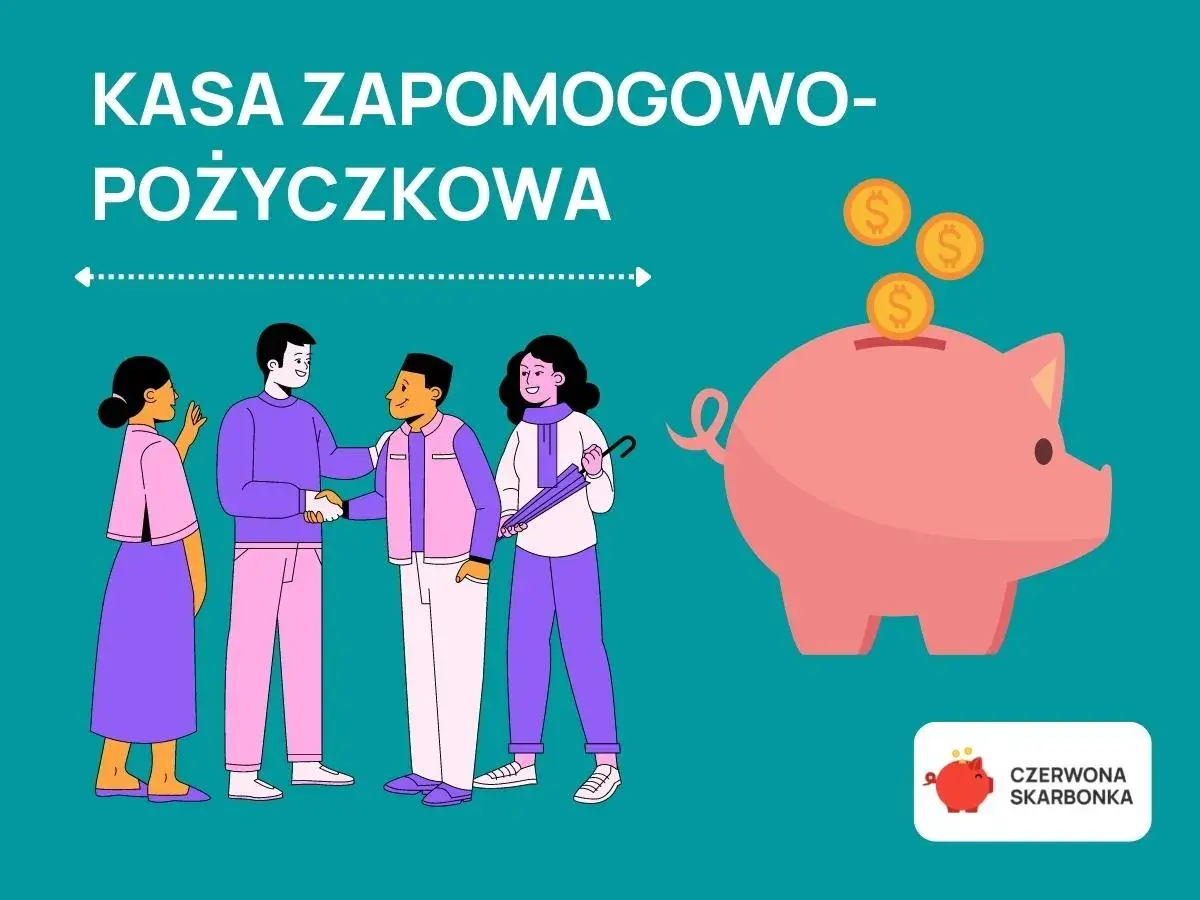 Kasa zapomogowo-pożyczkowa (KZP) to fundusz wspierający pracowników. Na ilustracji ludzie i skarbonka symbolizują pomoc finansową.