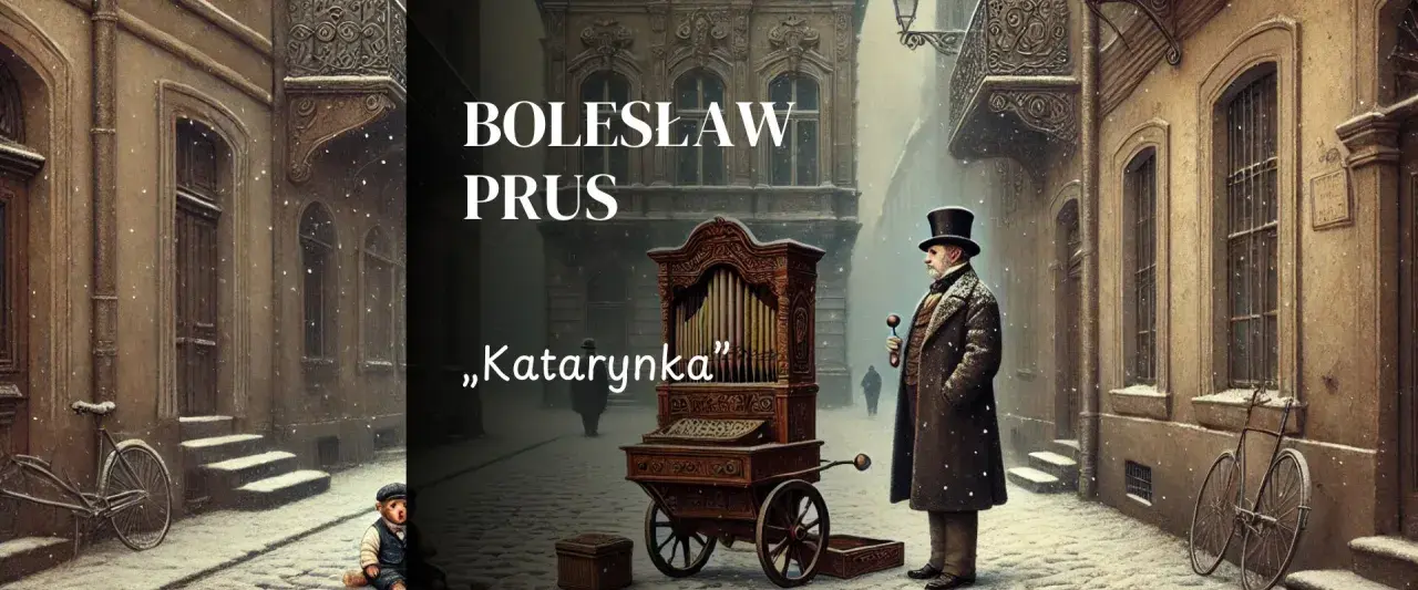 Bolesław Prus i jego „Katarynka” na zimowej uliczce. Stary grajek z katarynką, chłopiec i rowery w śniegu.
