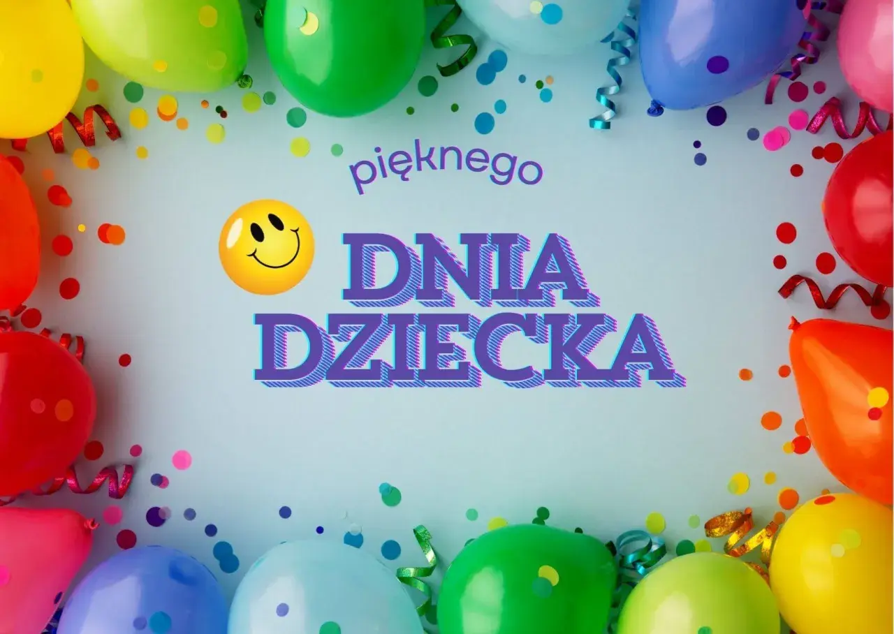 Wesołe balony i konfetti tworzą radosną oprawę dla napisu "pięknego DNIA DZIECKA".