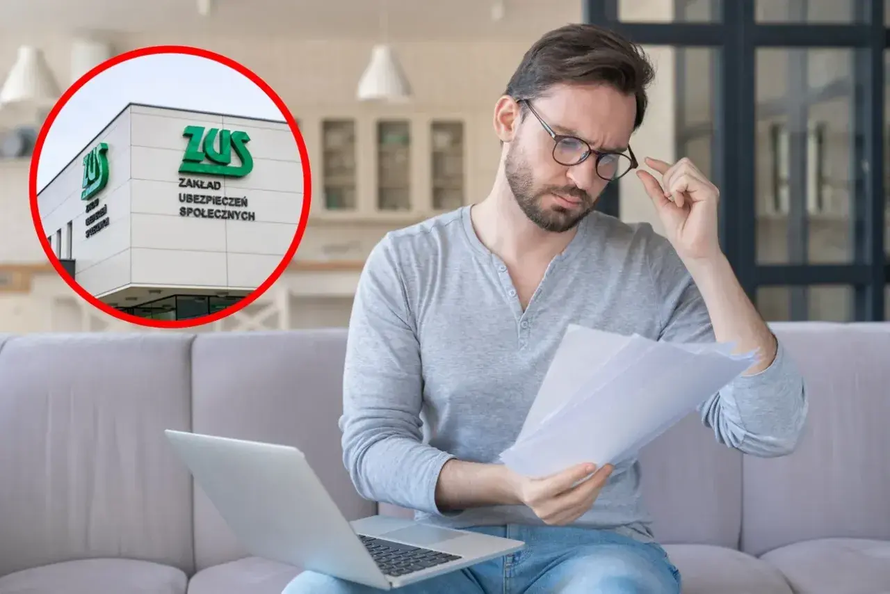 Mężczyzna z okularami analizuje dokumenty, obok laptop. W tle budynek ZUS, symbolizujący formalności związane ze stażem zawodowym.