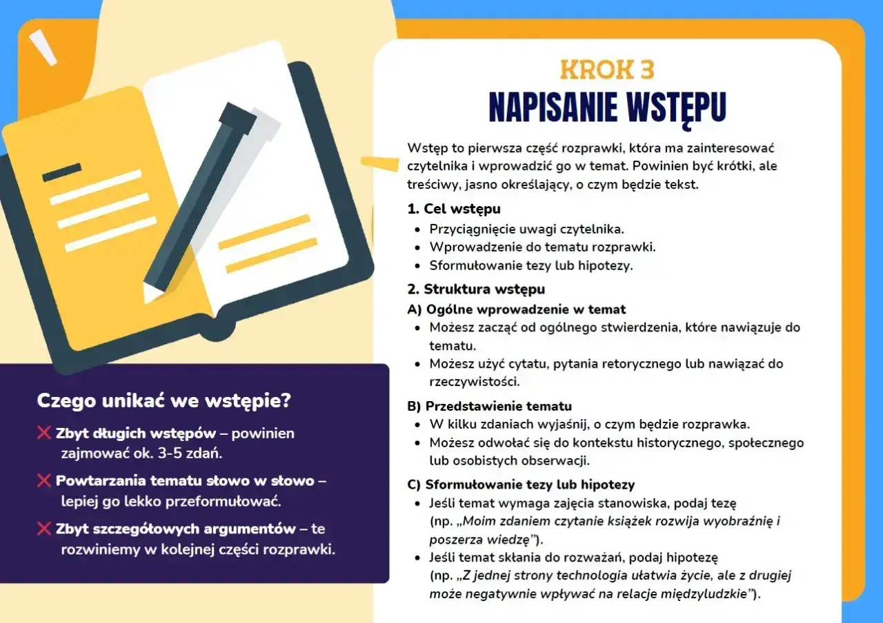 Jak napisać rozprawkę? Wstęp to klucz do zainteresowania czytelnika. Dowiedz się, jak go stworzyć, unikając błędów.