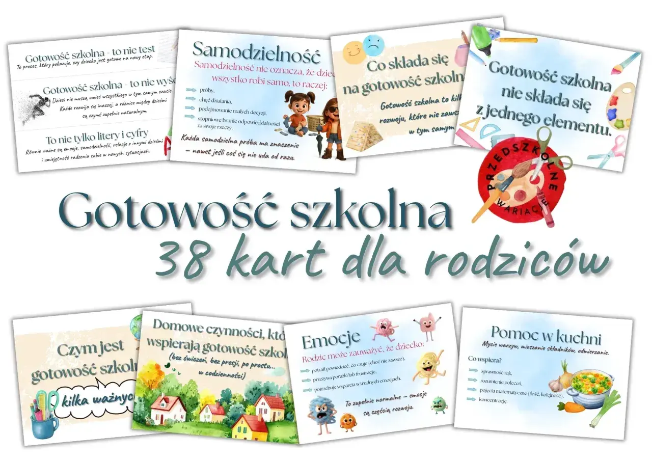Karta pracy "Gotowość szkolna" dla rodziców. Zestaw 38 kart z poradami i wskazówkami dotyczącymi przygotowania dziecka do szkoły.