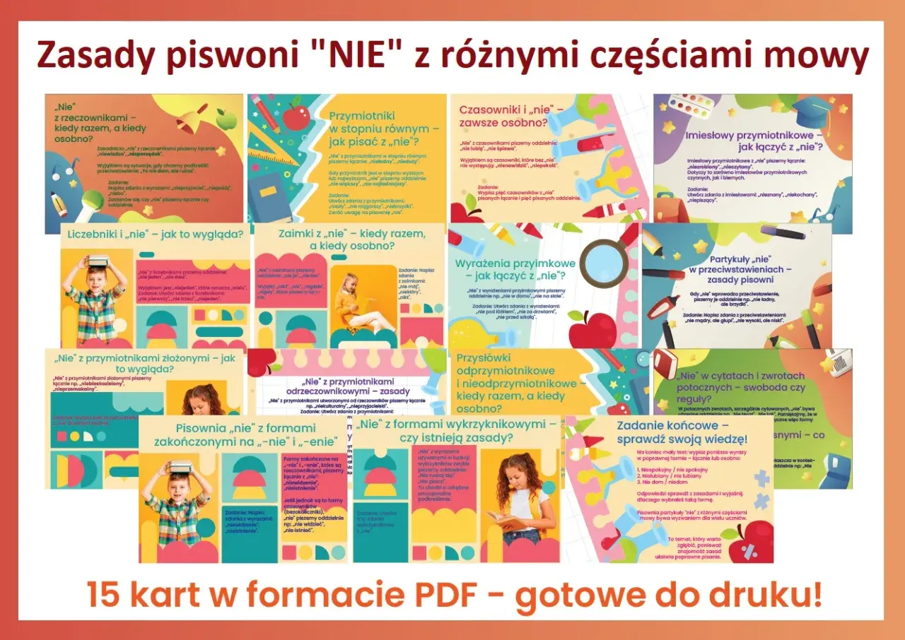 Zasady pisowni "nie" z różnymi częściami mowy. Na tej karcie znajdziesz wiele przykładów, jak pisać "nie" z rzeczownikami, przymiotnikami, zaimkami, czasownikami, przysłówkami i innymi.