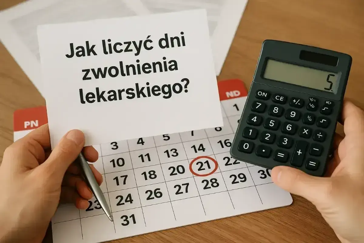 Ręce trzymają kartkę z pytaniem "Jak liczyć dni zwolnienia lekarskiego?", kalendarz z zaznaczonym 21 dniem i kalkulator.