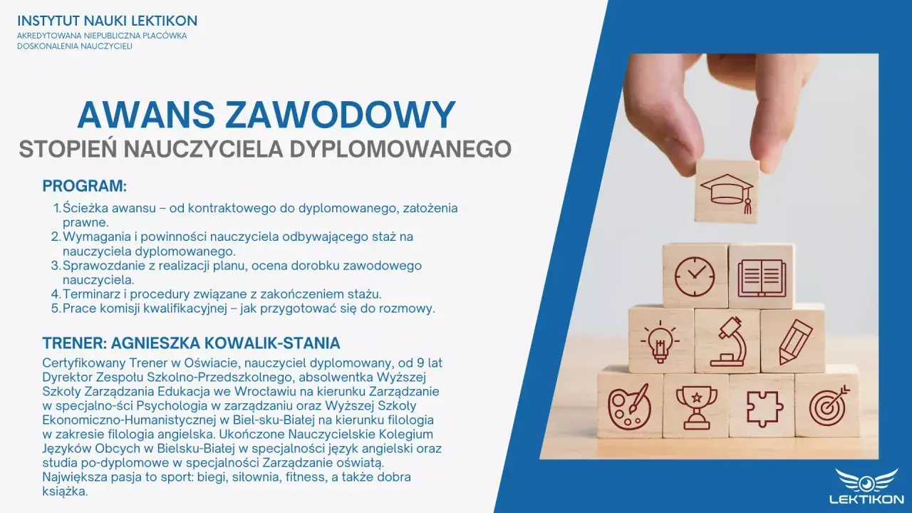 Awans zawodowy nauczyciela dyplomowanego: wymagania po staremu, program i trenerka. Klocki symbolizują ścieżkę kariery.