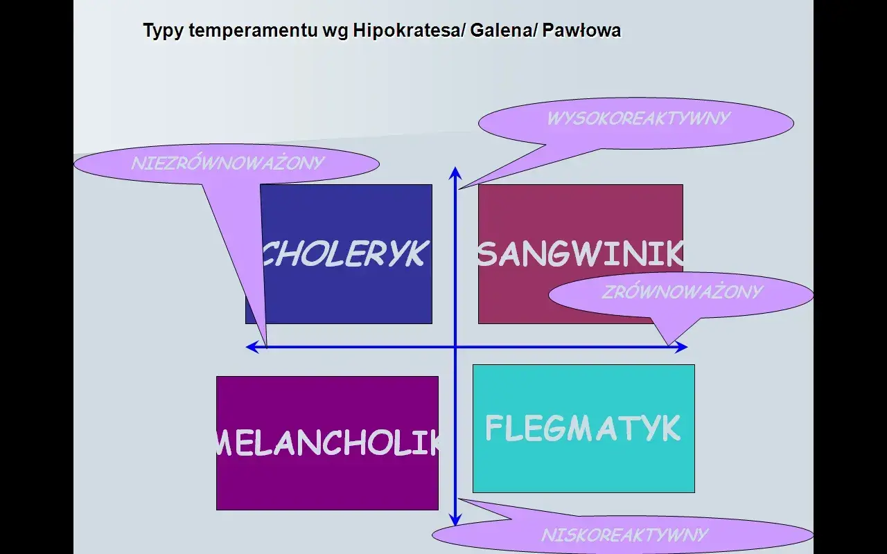 Diagram typów temperamentu: choleryk, sangwinik, melancholik, flegmatyk. Oś pionowa: reaktywność, pozioma: introwertyk/ekstrawertyk.