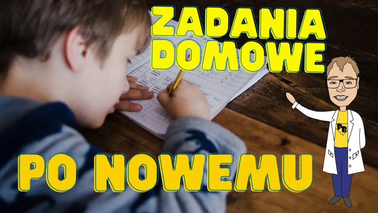 Chłopiec pisze zadania domowe. Obok rysunkowa postać w białym kitlu zachęca do nauki po nowemu.