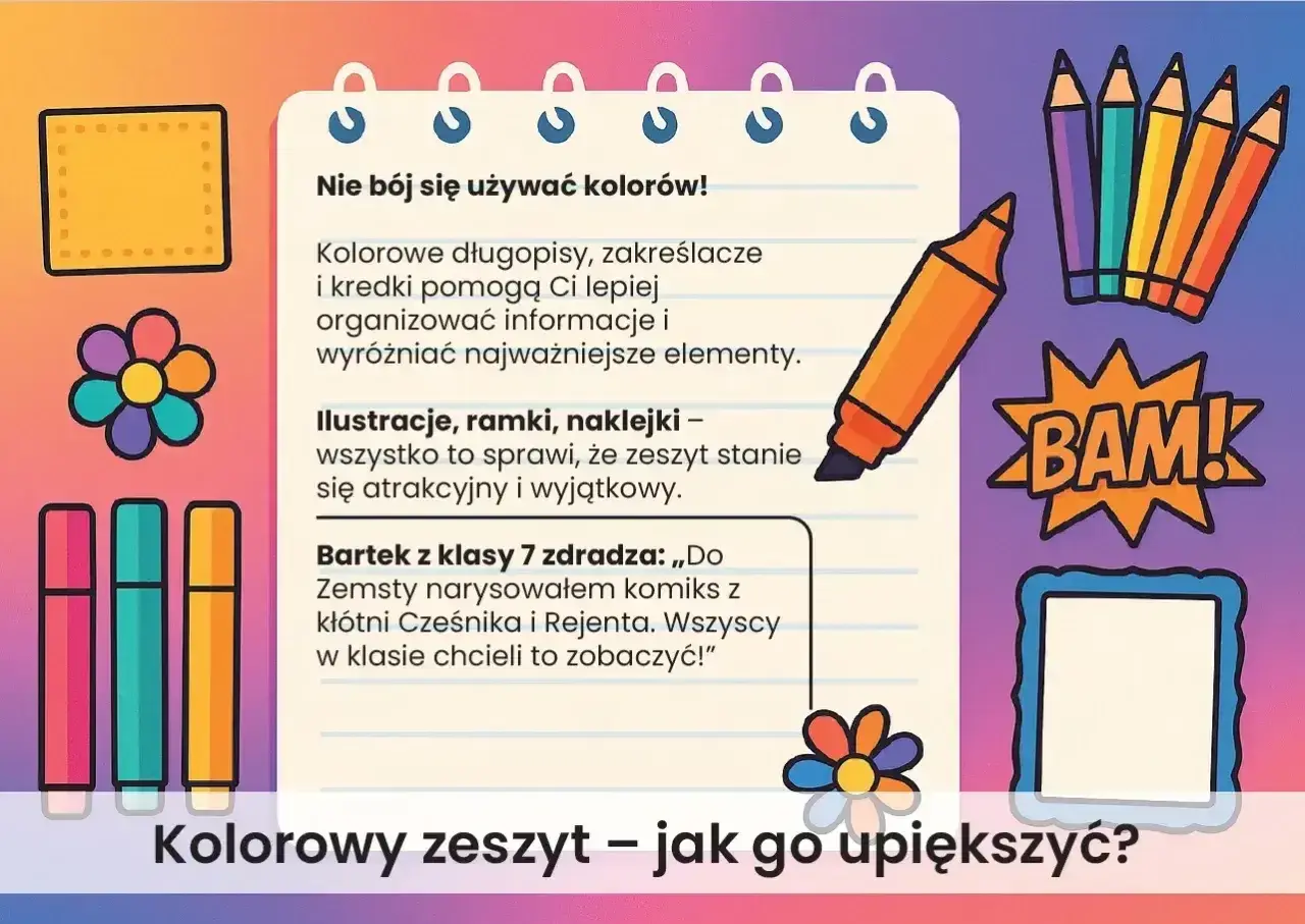 Kolorowy zeszyt z lekturownikiem, ozdobiony flamastrami, kredkami i kwiatkami, zachęca do kreatywnego notowania.
