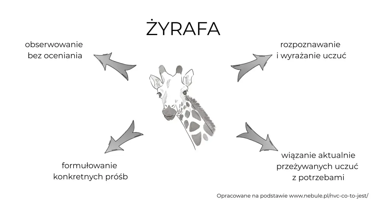 Grafika ilustruje "język żyrafy": obserwowanie, rozpoznawanie uczuć, wiązanie ich z potrzebami i formułowanie próśb.