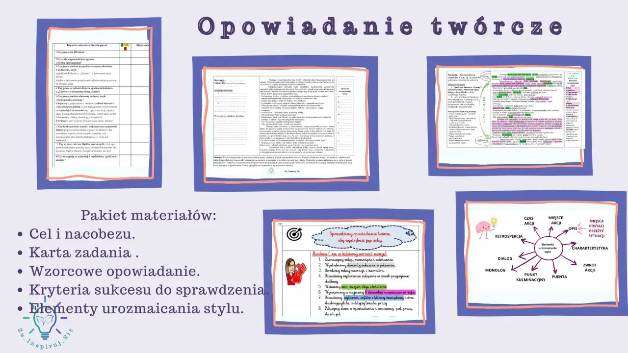 Kryteria sukcesu do sprawdzenia opowiadania twórczego zawierają elementy opowiadania, takie jak narracja, bohaterowie i fabuła.