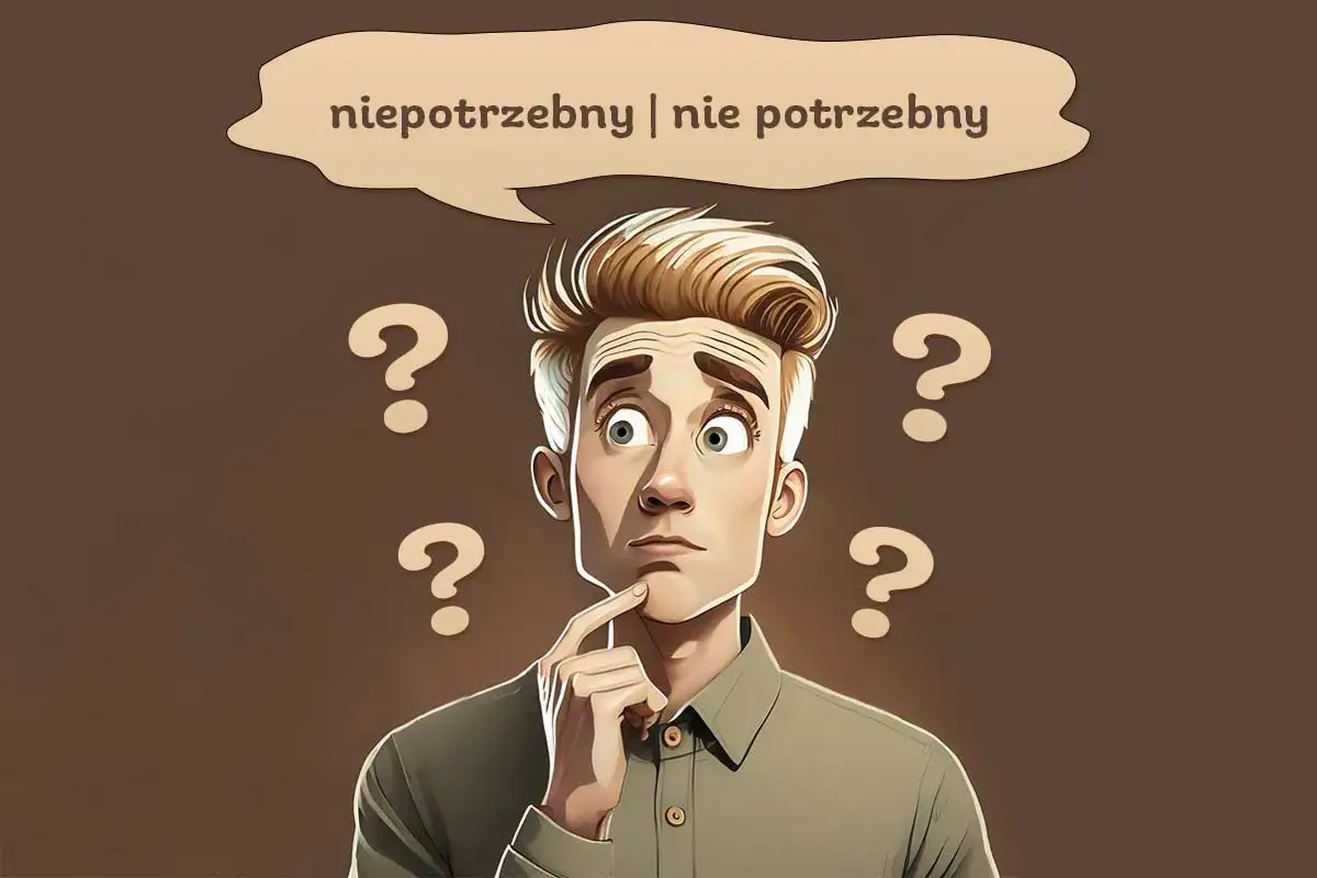 Zamyślony mężczyzna otoczony znakami zapytania, zastanawia się, czy coś jest niepotrzebnie.