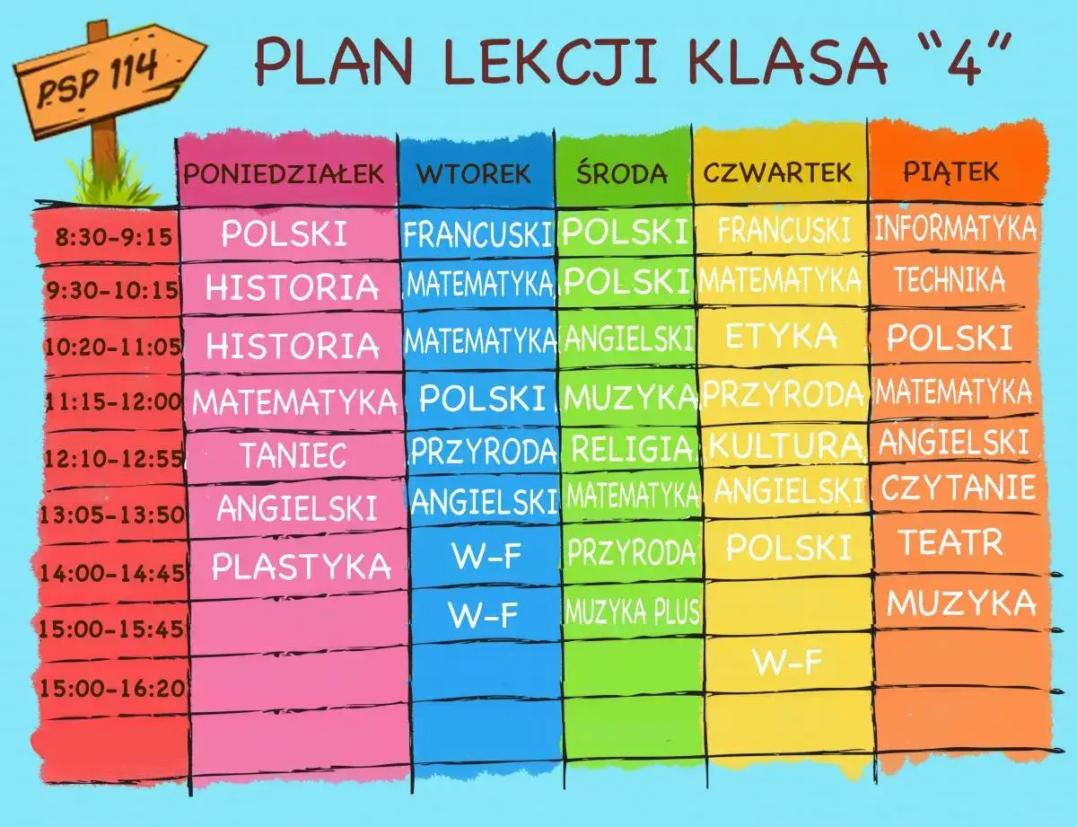 Plan lekcji klasy 4: polski, historia, matematyka, angielski, muzyka, plastyka, taniec, WF, przyroda, religia, etyka, kultura, czytanie, teatr, informatyka, technika.