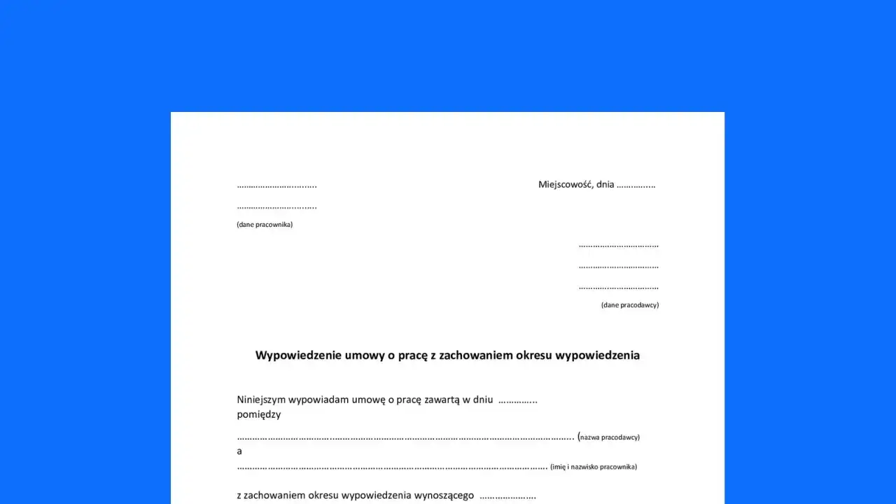 Formularz wypowiedzenia umowy o pracę, zgodny z art. 30 Kodeksu pracy. Dokument zawiera pola na dane pracownika i pracodawcy.