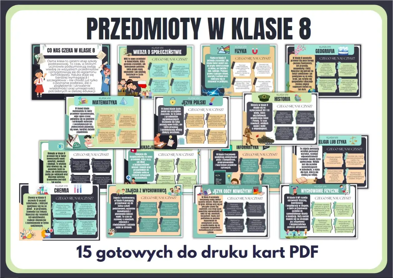 Przedmioty w klasie 8: matematyka, fizyka, historia, geografia, język polski, chemia, biologia, informatyka, wychowanie fizyczne, religia/etyka, WOS, zajęcia z wychowawcą.