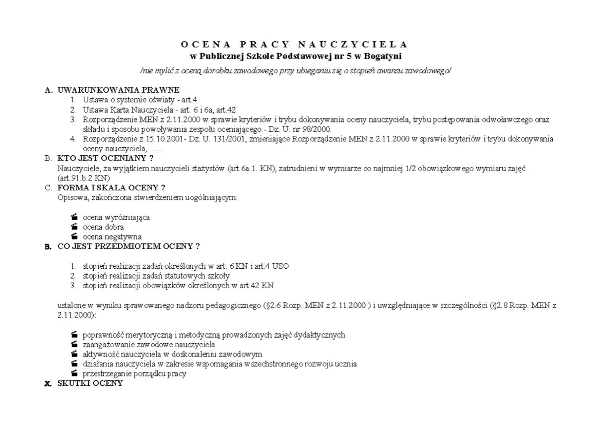 Ocena pracy nauczyciela początkującego w Publicznej Szkole Podstawowej nr 5 w Bogatyni. Dokument określa kryteria, formę i skalę oceny.