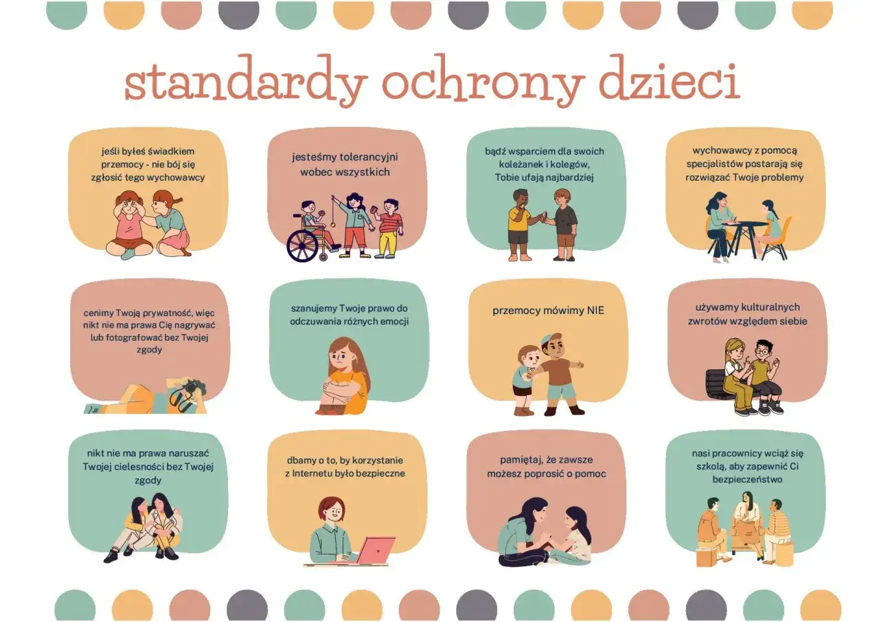 Standardy ochrony dzieci: zgłaszaj przemoc, szanuj prywatność i emocje, bądź tolerancyjny i pomocny.