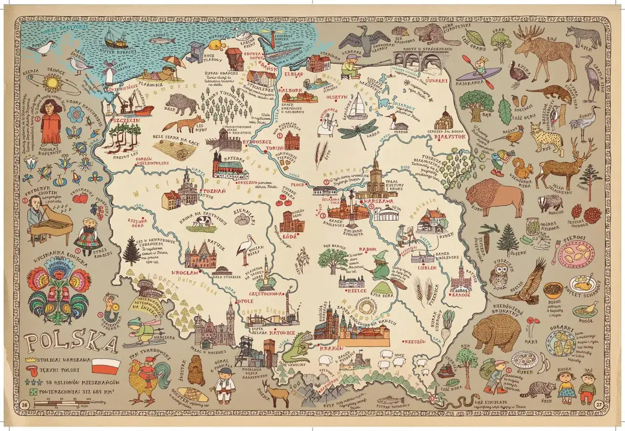 Mapa Polski z oznaczonymi atrakcjami turystycznymi dla dzieci