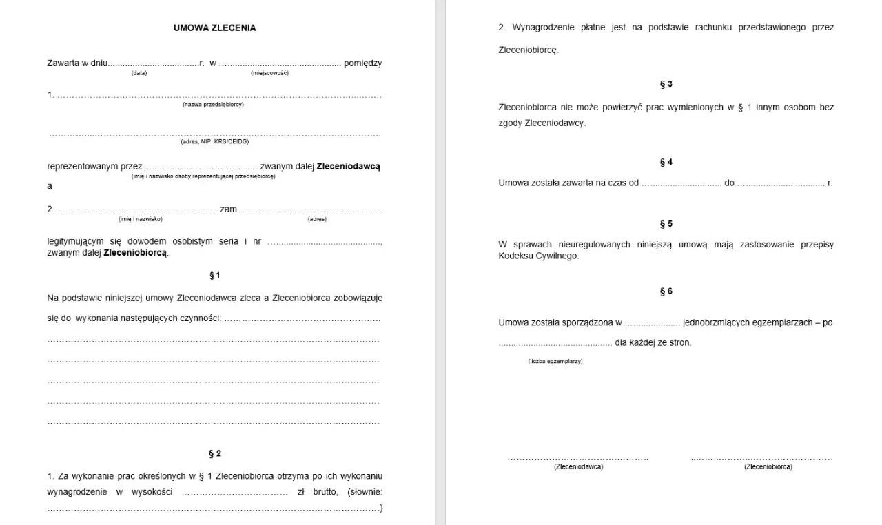 Umowa zlecenia, dokument regulujący współpracę między zleceniodawcą a zleceniobiorcą. Zawiera klauzule dotyczące wynagrodzenia, powierzonych prac i czasu trwania umowy.