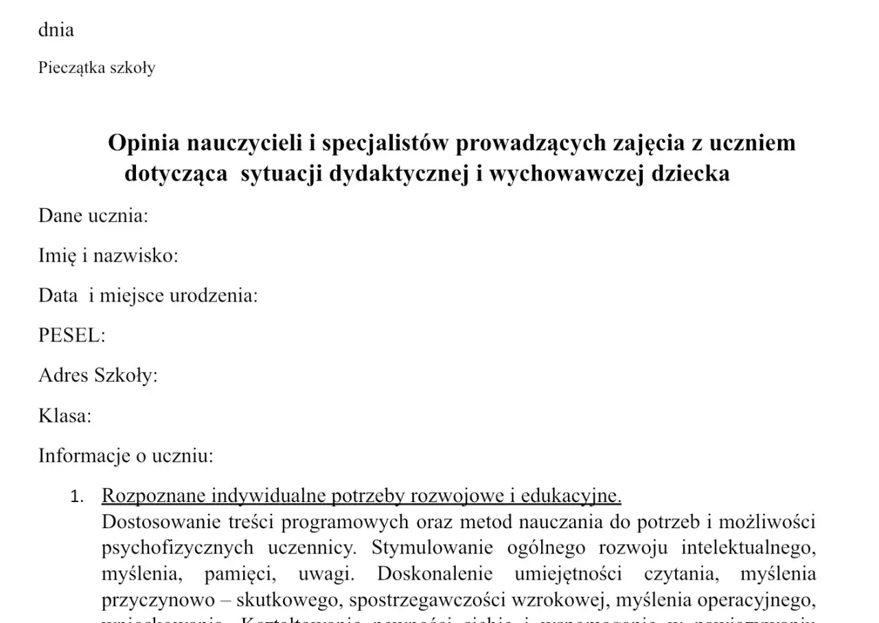 Opinia o uczniu do poradni, zawierająca dane ucznia i informacje o jego potrzebach rozwojowych i edukacyjnych.