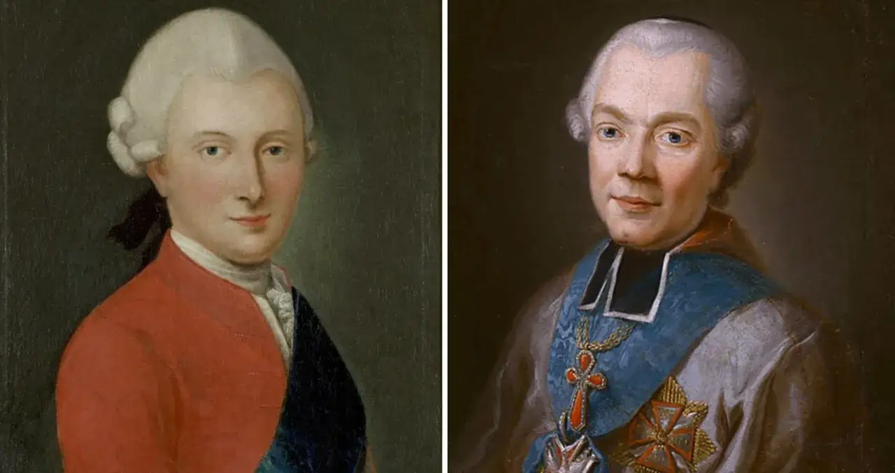 Dwa portrety szlachciców z XVIII wieku, być może członków Komisji Edukacji Narodowej, w perukach i strojach epokowych.