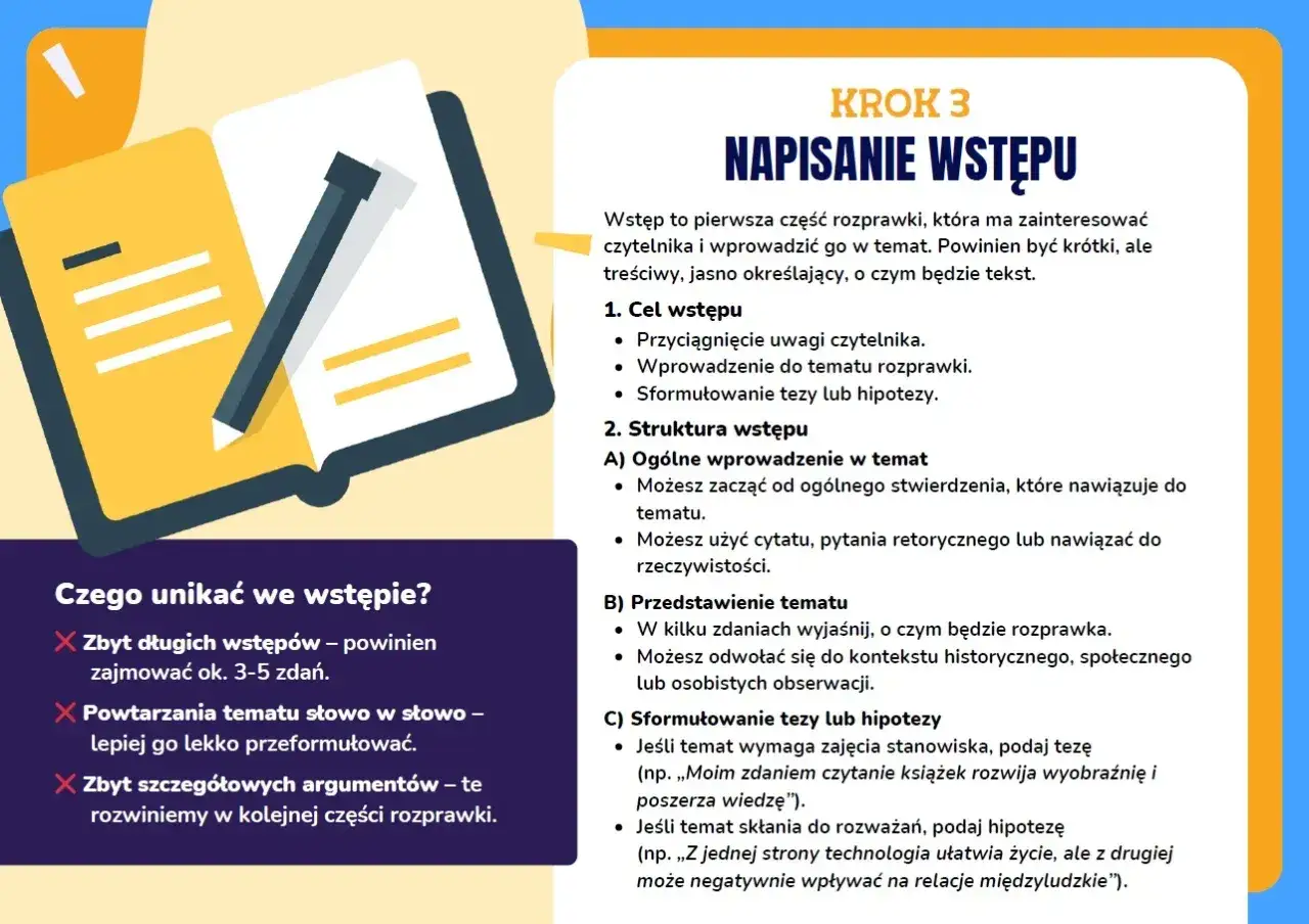 Jak zacząć rozprawkę? Wstęp powinien zainteresować, wprowadzić w temat i zawierać tezę. Unikaj długich wstępów i powtórzeń.