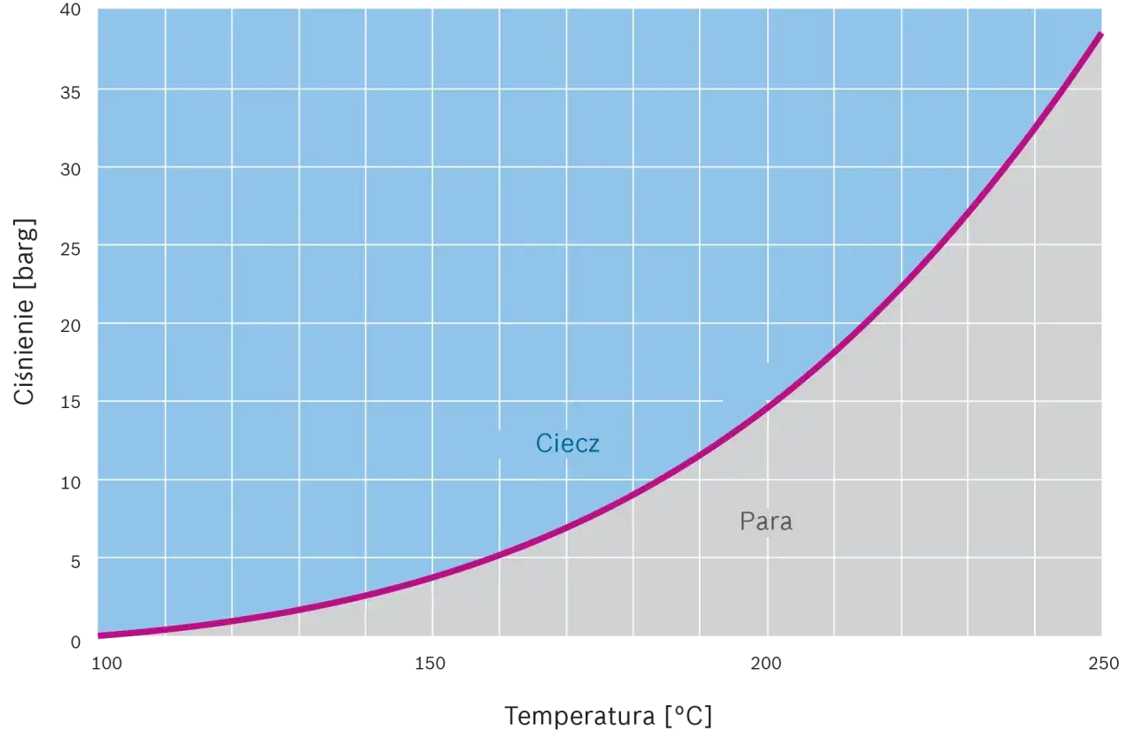 Wykres przedstawia stany skupienia wody: ciecz i parę, zależne od temperatury i ciśnienia.
