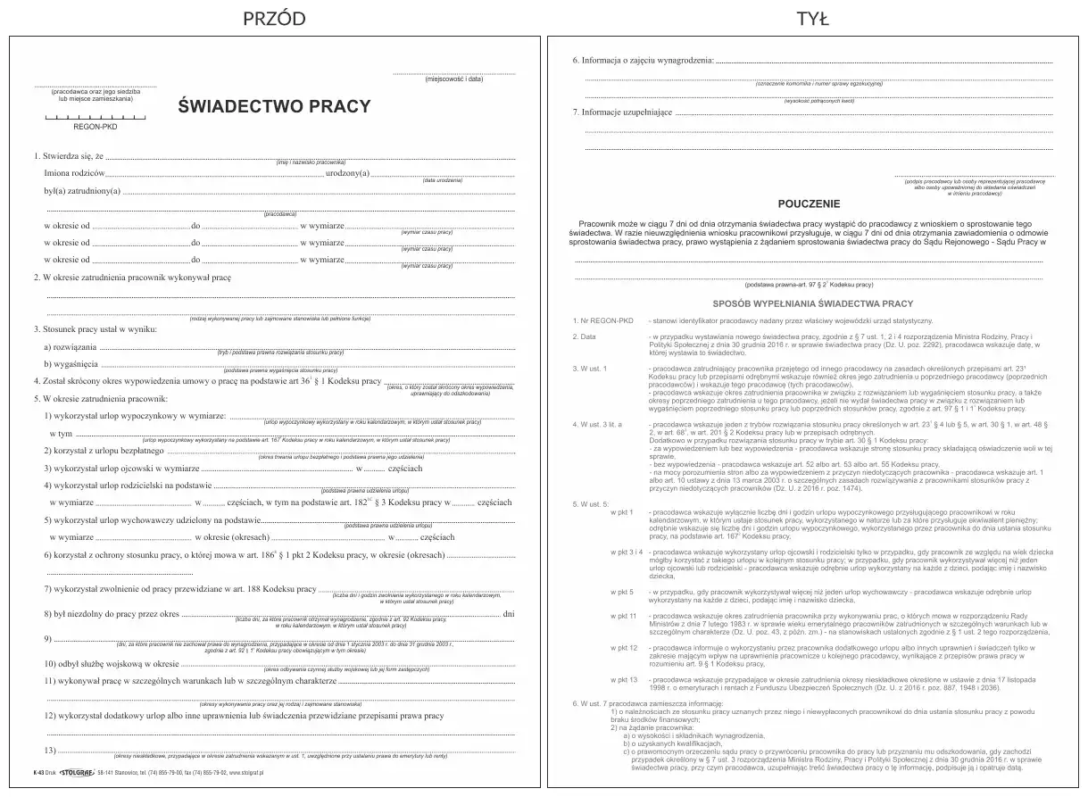 Świadectwo pracy - dokument potwierdzający zatrudnienie i przebieg pracy.