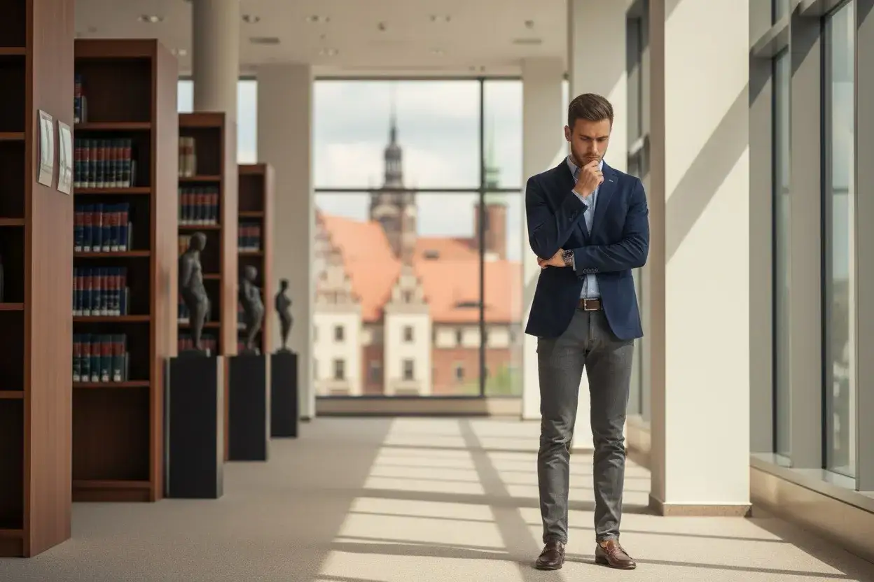 Młody prawnik w eleganckim stroju zastanawia się, ile trwają studia prawnicze, stojąc w bibliotece z widokiem na zabytkowe budynki.
