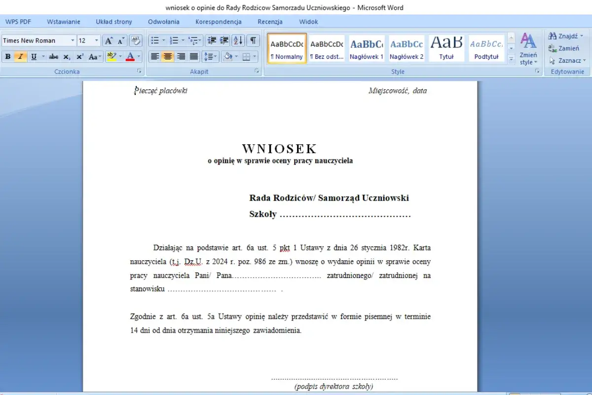 Wniosek o opinię w sprawie oceny pracy nauczyciela przedszkola. Dokument zawiera nagłówek 