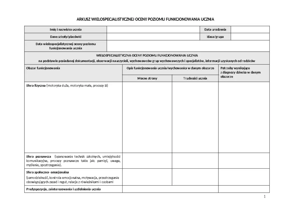 Arkusz oceny wielospecjalistycznej, zawierający dane ucznia, opis jego funkcjonowania w różnych sferach (fizycznej, poznawczej, społeczno-emocjonalnej) oraz predyspozycje.