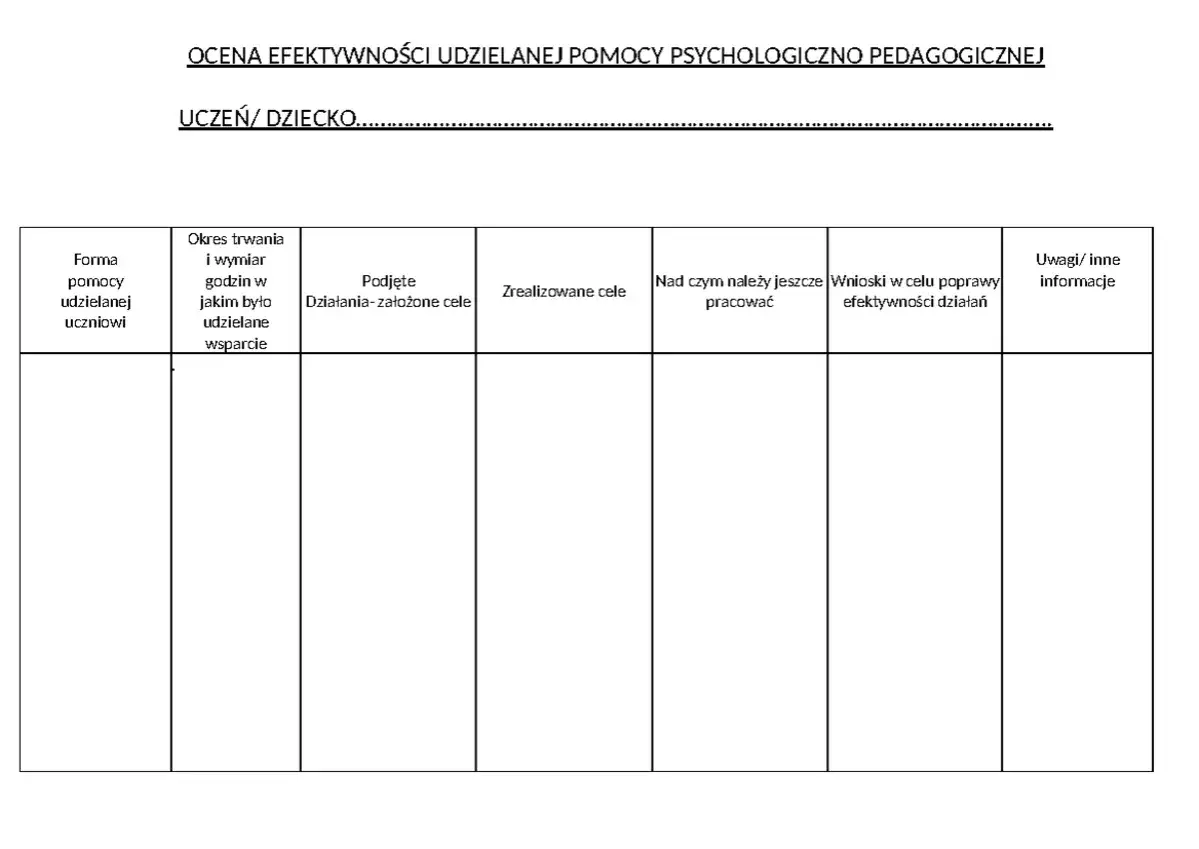 Formularz ocena efektywności pomocy psychologiczno-pedagogicznej dla ucznia/dziecka.