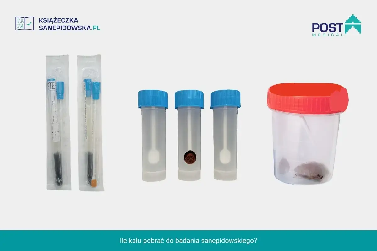 Zestaw do pobierania próbek kału do badań sanitarno-epidemiologicznych. W opakowaniach sterylne wymazówki i pojemniki.