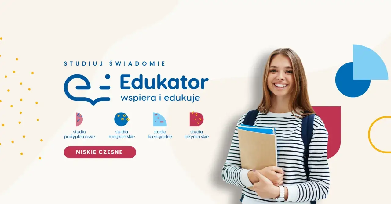 Uśmiechnięta studentka z książkami, logo e-Edukator, studia online, przygotowanie pedagogiczne.