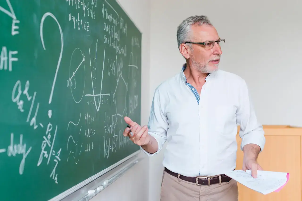 Nauczyciel matematyki przy tablicy pełnej wzorów, być może planuje urlop bezpłatny nauczyciela, by odpocząć od nauczania.