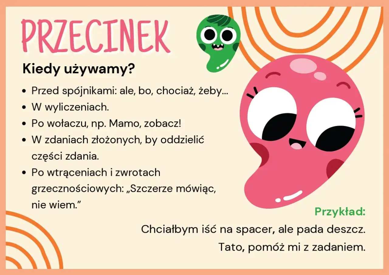 Zabawne potworki wyjaśniają, kiedy używamy przecinka. Poznaj zasady interpunkcyjne i przykłady zdań!