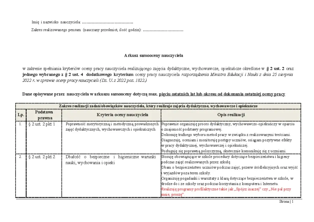 Arkusz samooceny nauczyciela: kryteria oceny pracy nauczyciela, opis realizacji zadań dydaktycznych, wychowawczych i opiekuńczych.
