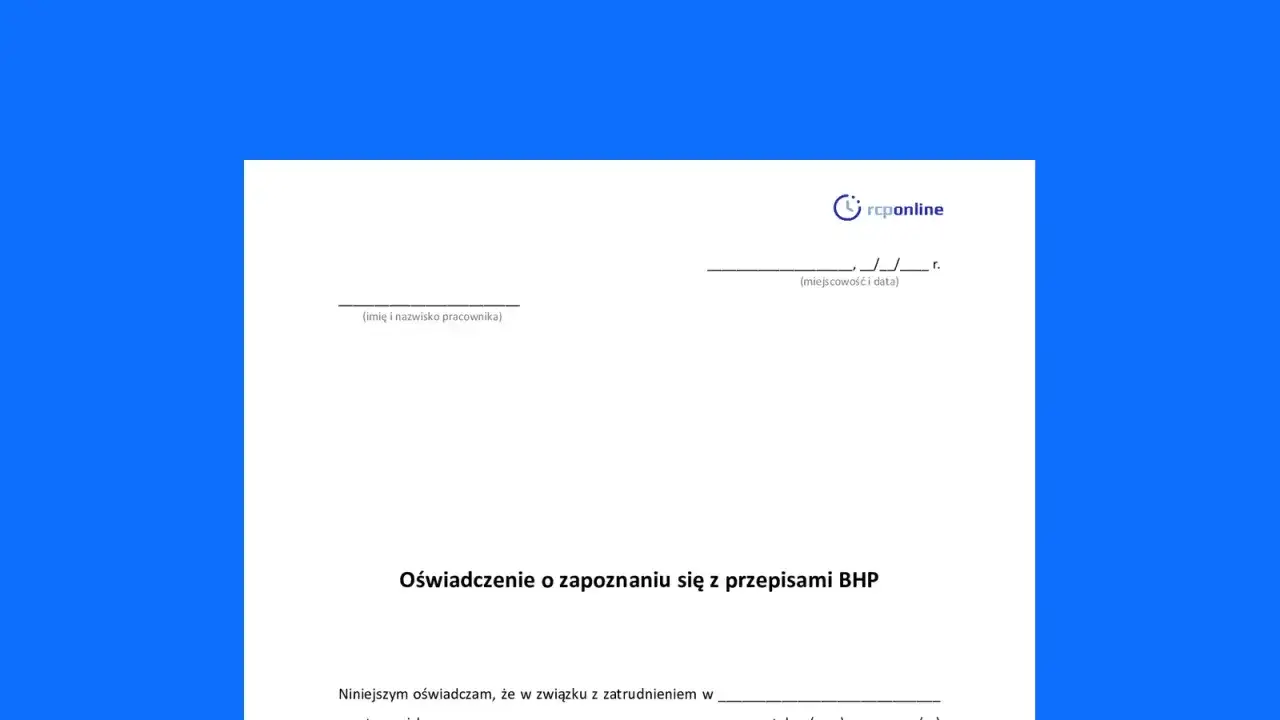 Oświadczenie pracownika o zapoznaniu się z przepisami BHP. Dokument zawiera pola na imię, nazwisko, miejscowość i datę.
