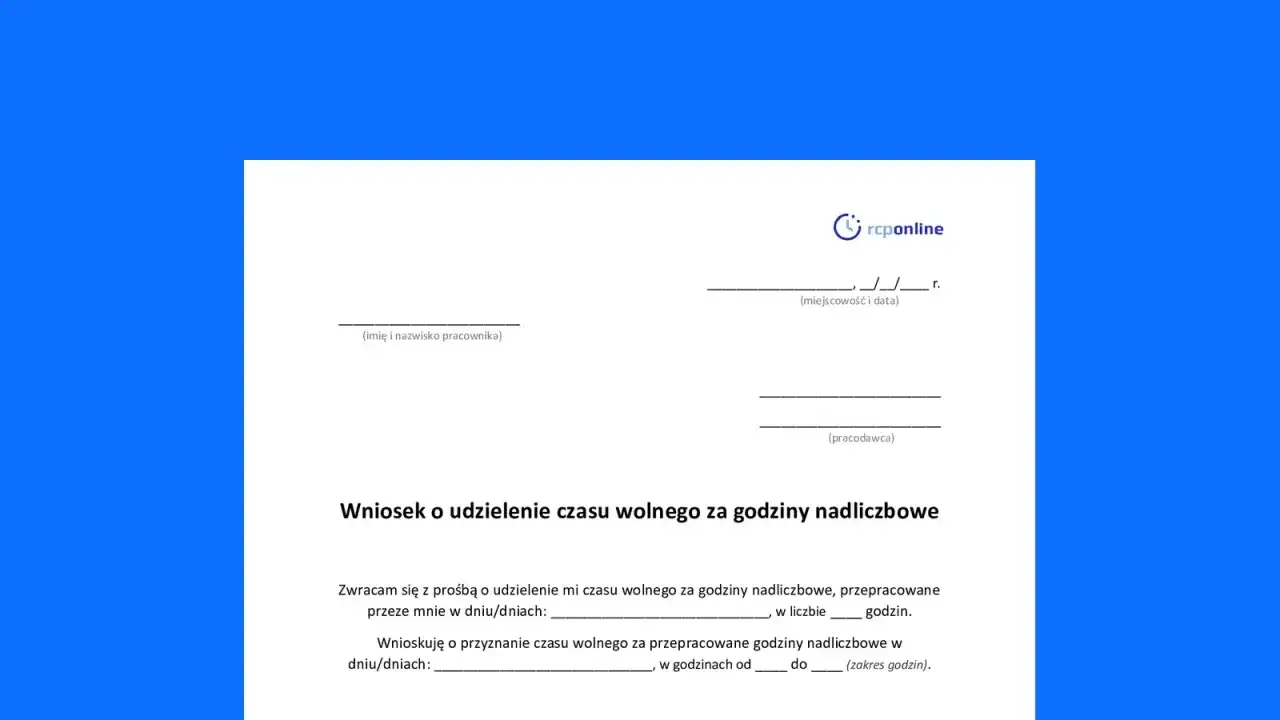 Formularz wniosku o czas wolny za nadgodziny. Pracownik prosi o rekompensatę za przepracowany czas.