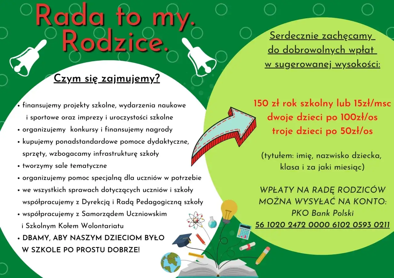 Rada Rodziców finansuje projekty, organizuje konkursy i dba o dobro uczniów. Zachęcamy do dobrowolnych wpłat.