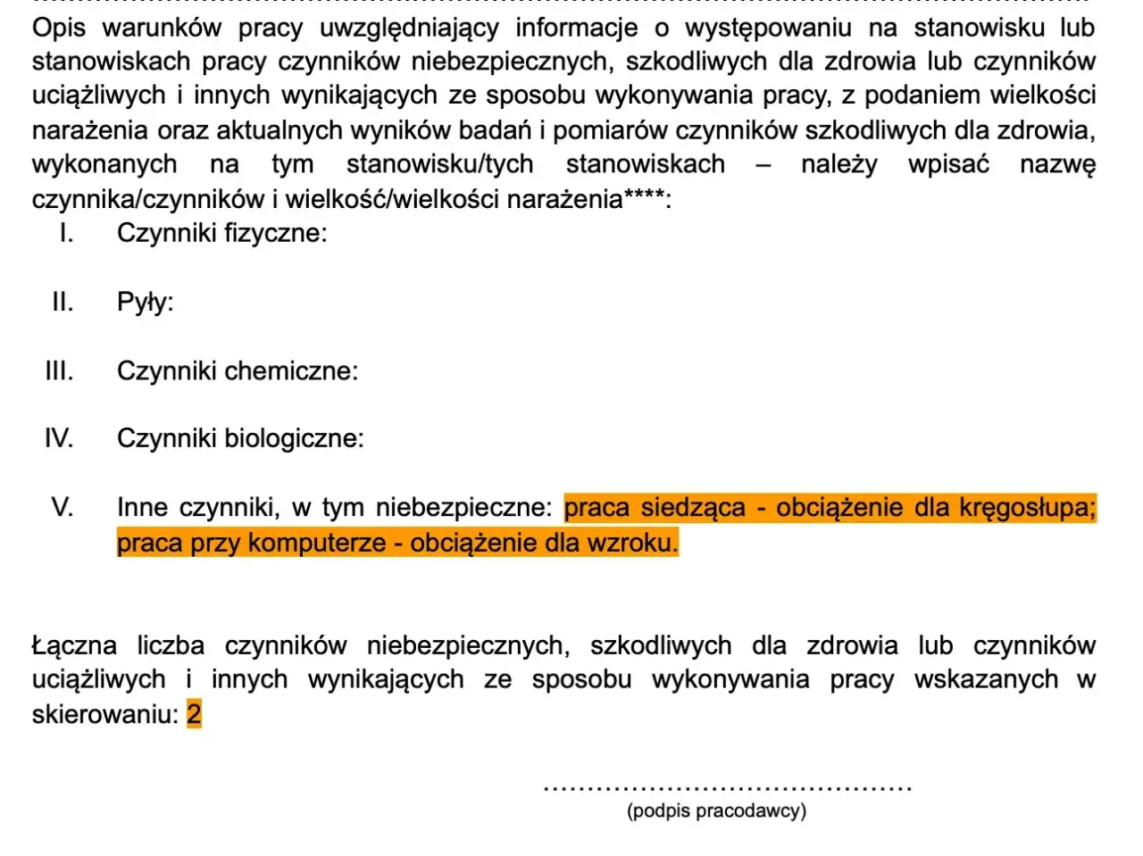 Formularz skierowania na badania okresowe, uwzględniający czynniki szkodliwe, takie jak praca siedząca i przy komputerze.