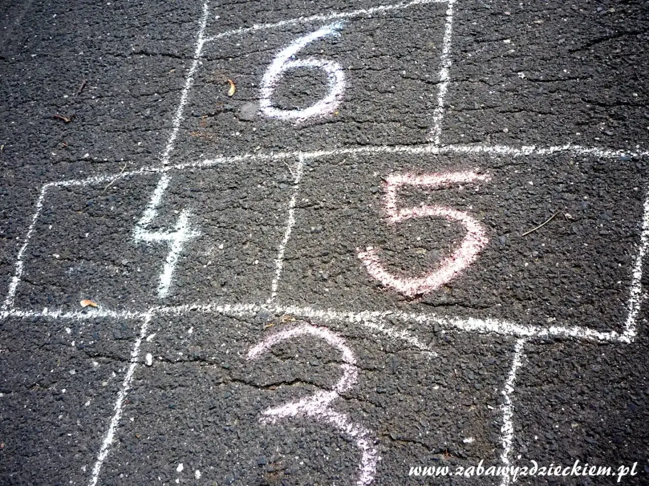 Asfaltowa nawierzchnia z namalowaną kredą grę w klasy. Widoczne pola z numerami 2, 3, 4, 5 i 6.