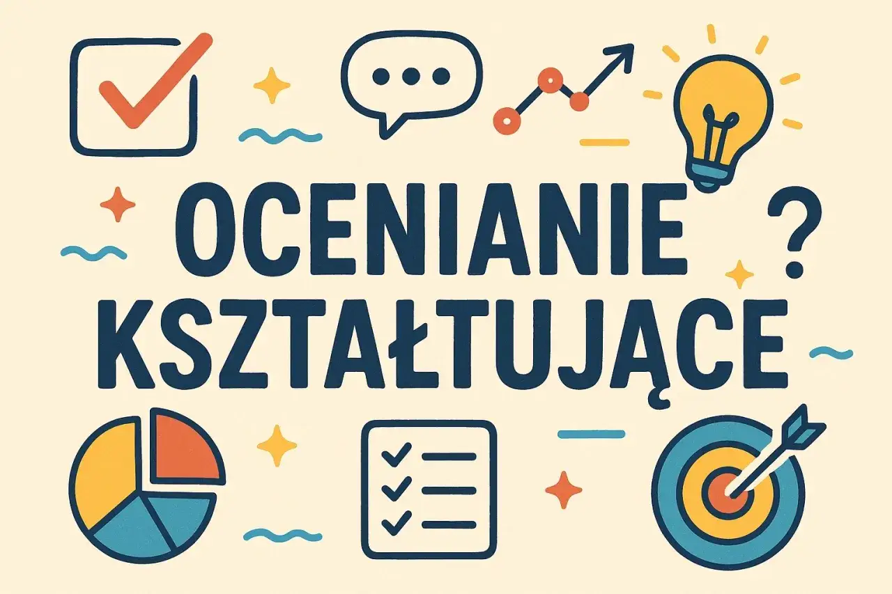 Ocenianie kształtujące: od pomysłu do celu. Ikony symbolizują analizę, komunikację, rozwój, cel i realizację zadań.